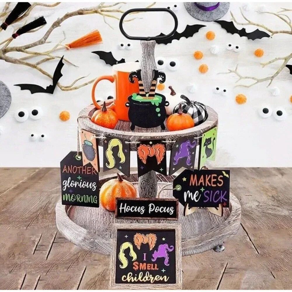 10pc Set Whimsical Halloween Hocus Pocus Tiered Tray Decor Set Witches Cauldron - Picture 5 of 7